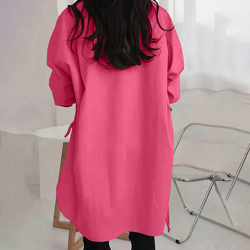 Women's Loose-Fit Long Sleeve Shirt with Side Slit Tie Detail - Stylish Button-Down Blouse