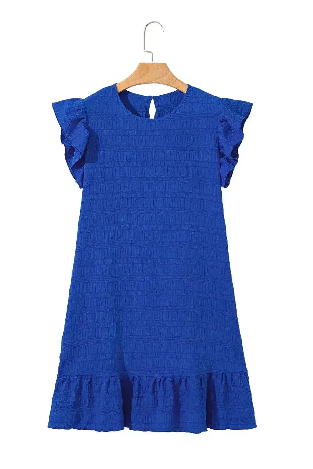 Dark Blue Textured Flutter Sleeve Ruffle Mini Dress