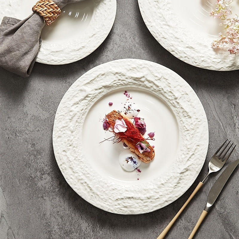 Elegant European Ceramic Dinner Plate with Relief Pattern