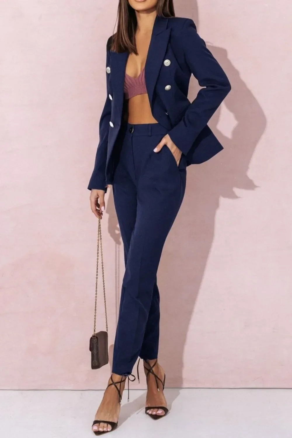 Full Size Plus Size Blazer Pantsuit with Lapel Collar and Long Sleeves