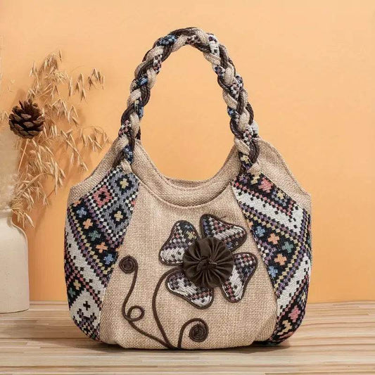 Handmade Bohemian Flower Tote Bag with Foldable Zipper, Shoulder Strap, and Matching Wristlet for Women’s Vacation
