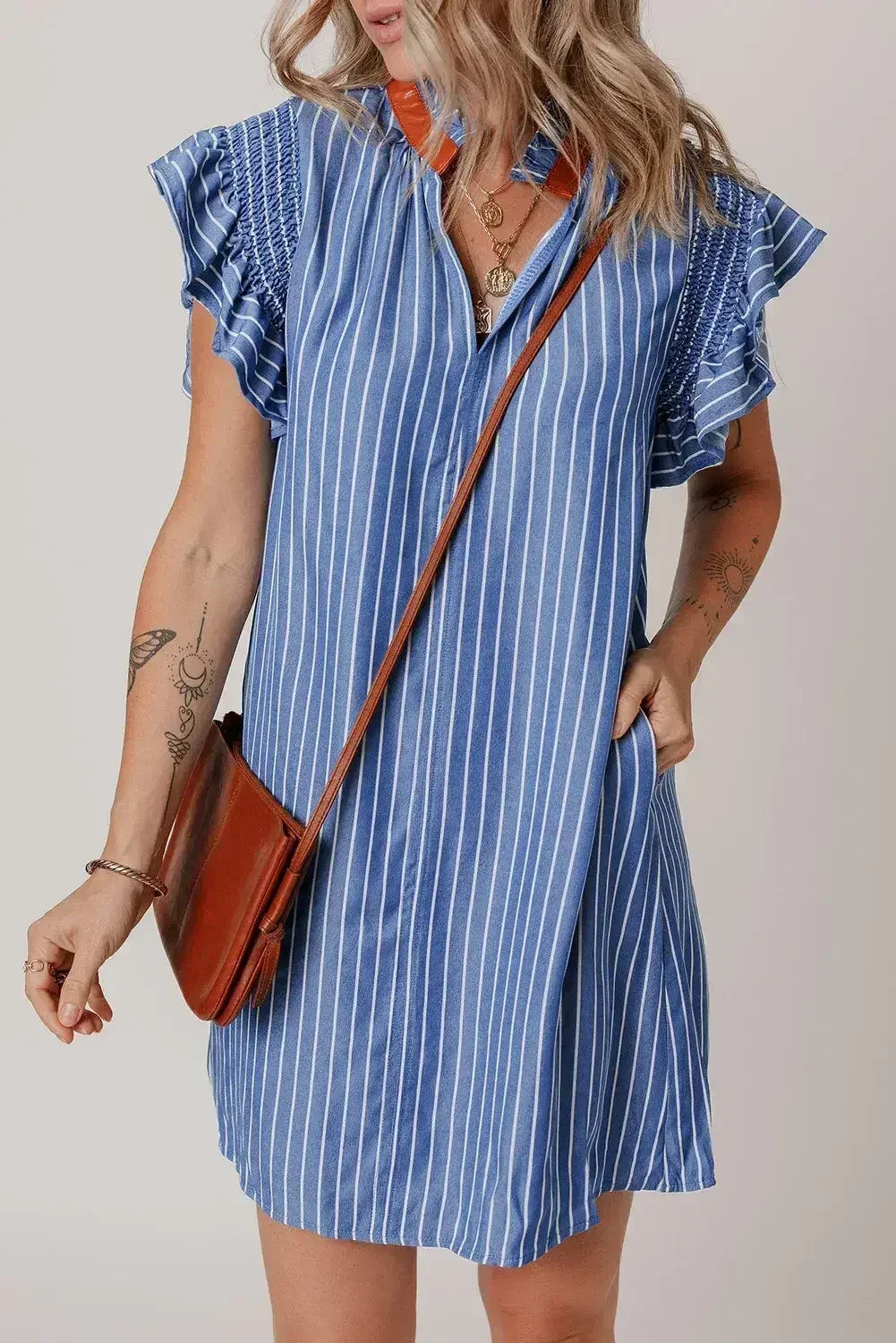 Sky Blue Stripe Frilly Split Neck Shirred Ruffle Sleeve Mini Shift Dress