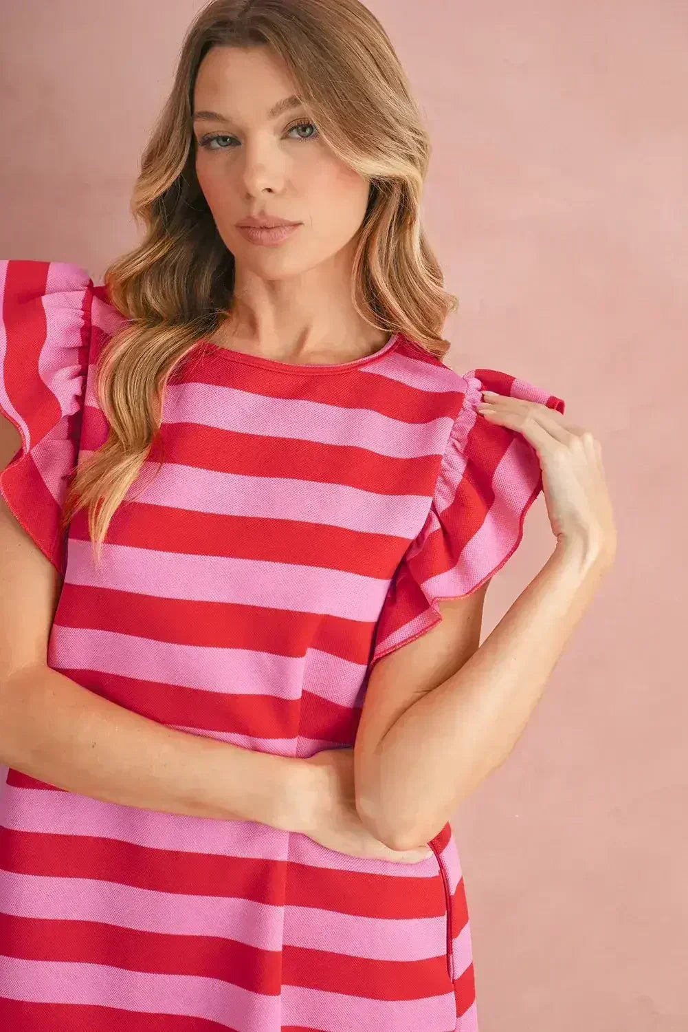 Black Stripe Flutter Sleeve Round Neck Shift Mini Dress