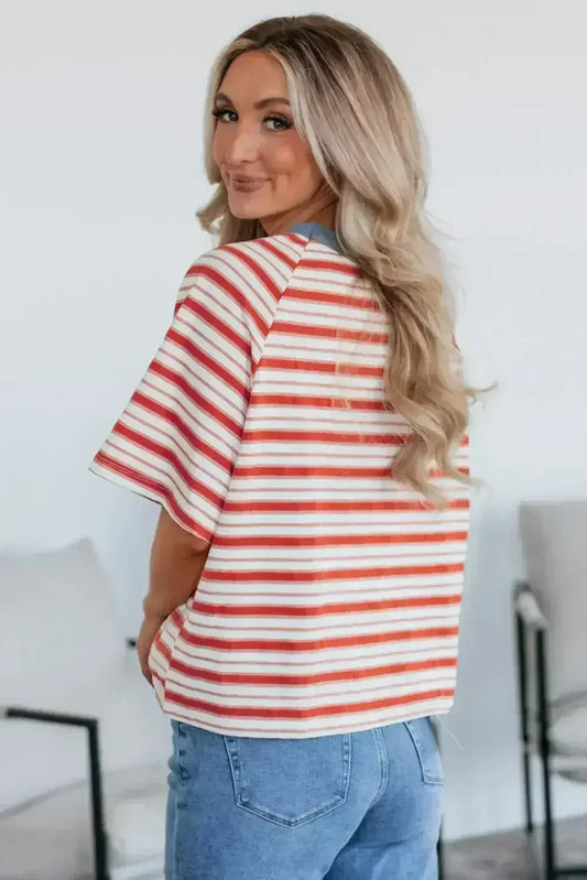 Tomato Red Striped Raglan Sleeve Contrast Neck T-Shirt