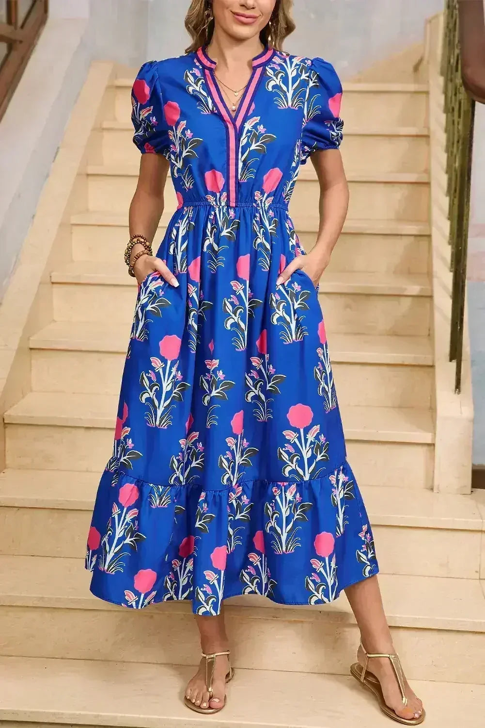 Blue Floral Ruffle Hem Pop of Color Neckline Dress