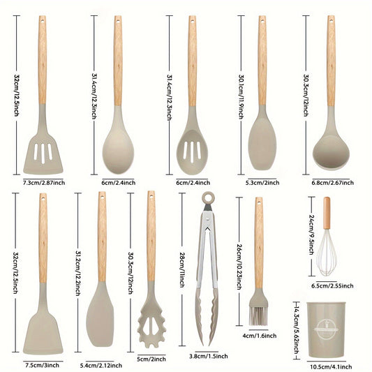 12Piece Silicone Kitchen Utensil Set with Wooden Handles