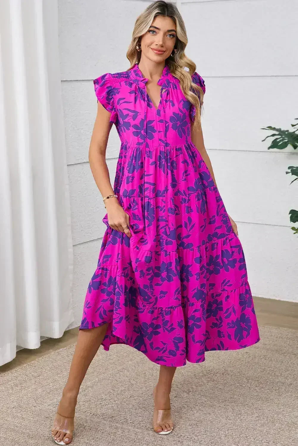 Rose Floral Print Tiered Flutter Sleeve Maxi Dress