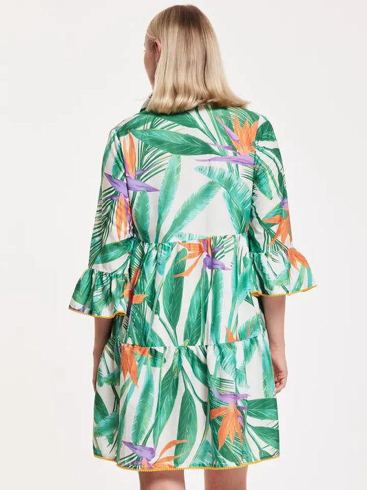 Cadenza Tropical Leaves Dress – Green White Orange Resort Style