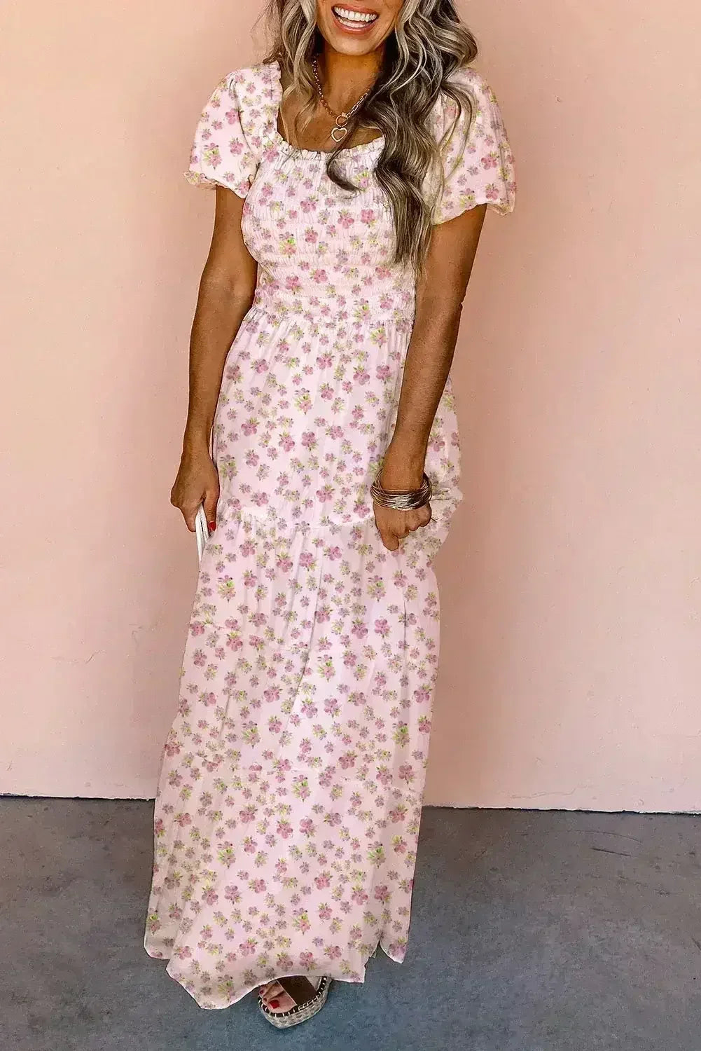 White Frill Neckline Shirred Bodice Floral Maxi Dress