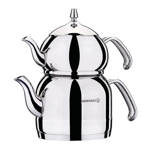 Korkmaz Efendi 1.1 Liter Tea Pot and 2.4 Liter Kettle Set in Silver