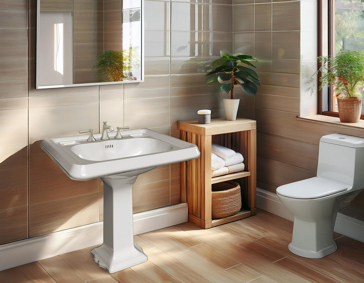 29" Traditional Pedestal Sink with Large Rectangular Bowl, Dual Soap Ledges, Overflow Control Rim and Overflow