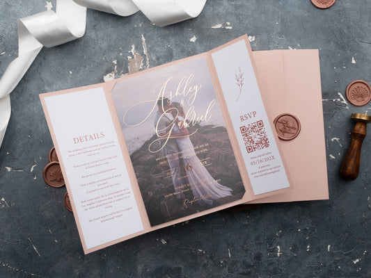 Acrylic Wedding Invitations with Blush Pink Jacket and Rose Gold Foil Printing