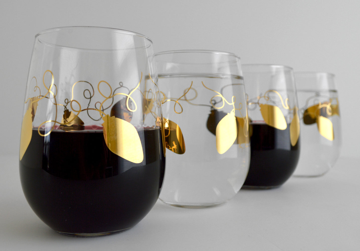 Metallic Gold Retro Christmas Lights Stemless Wine | Glassware | Kitchen + Metal