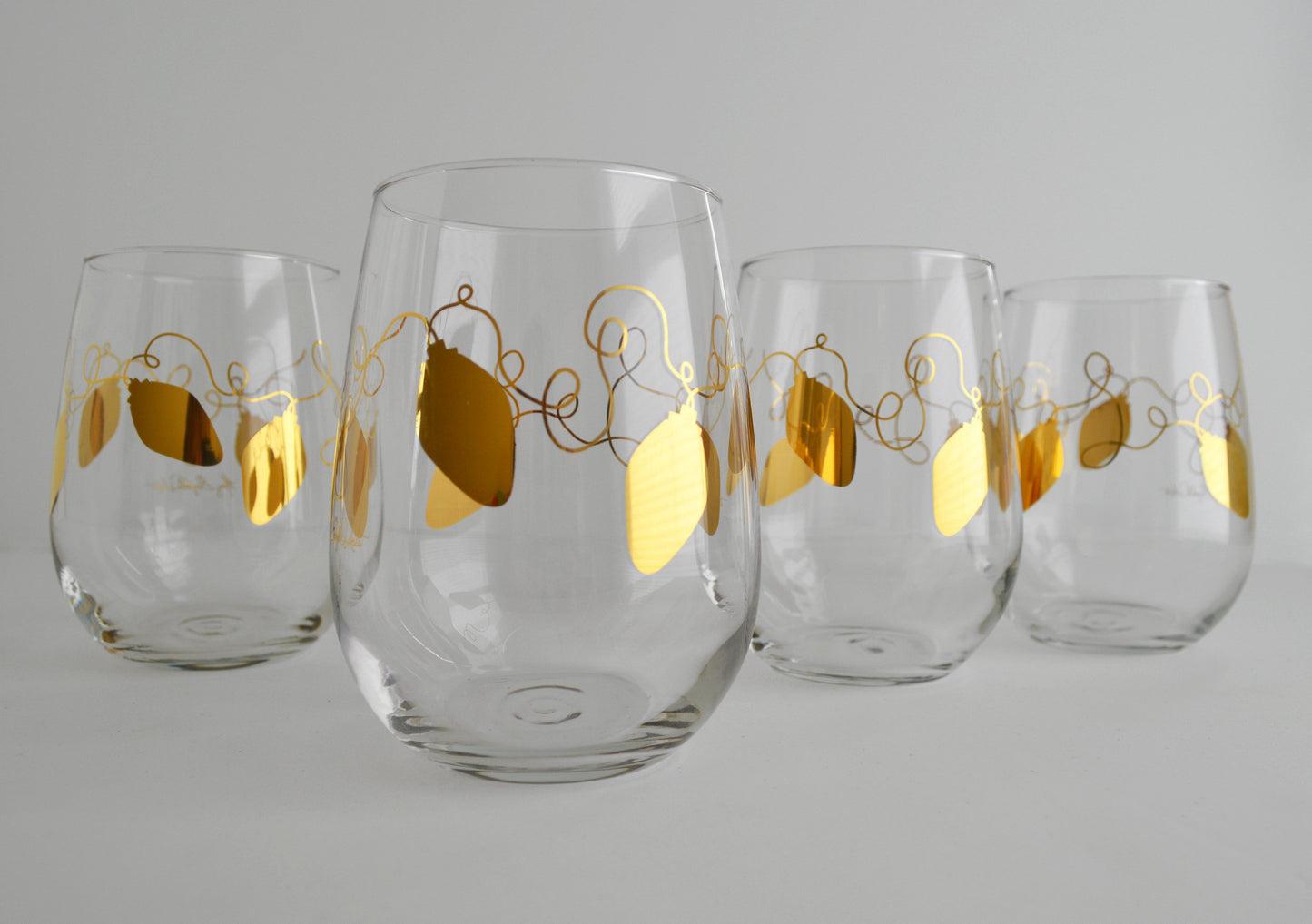 Metallic Gold Retro Christmas Lights Stemless Wine | Glassware | Kitchen + Metal