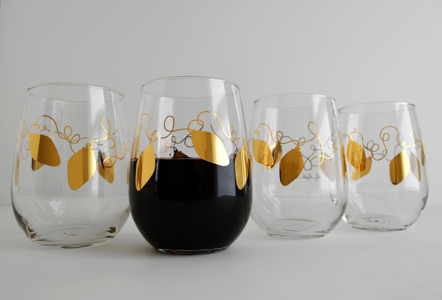 Metallic Gold Retro Christmas Lights Stemless Wine | Glassware | Kitchen + Metal