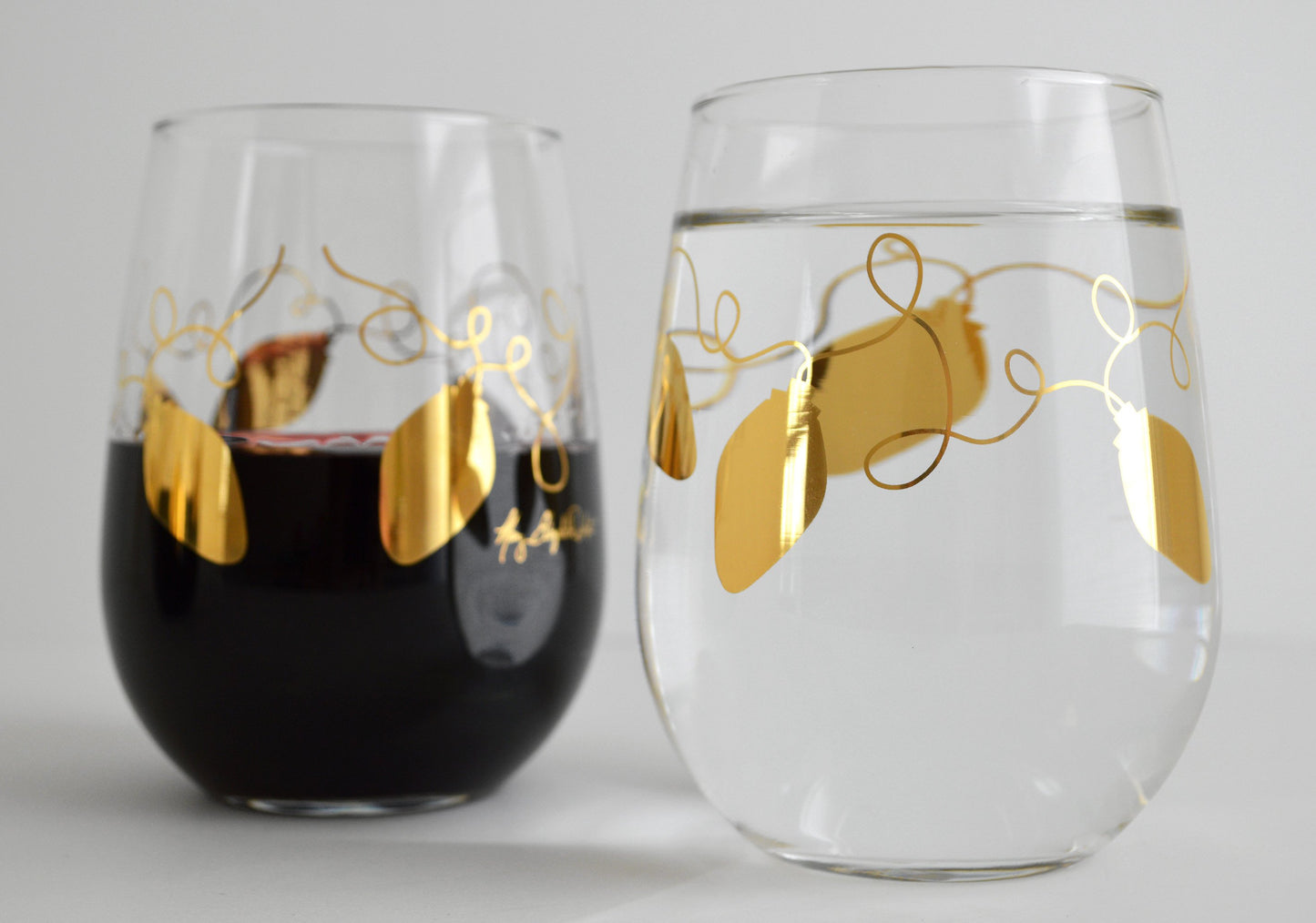 Metallic Gold Retro Christmas Lights Stemless Wine | Glassware | Kitchen + Metal