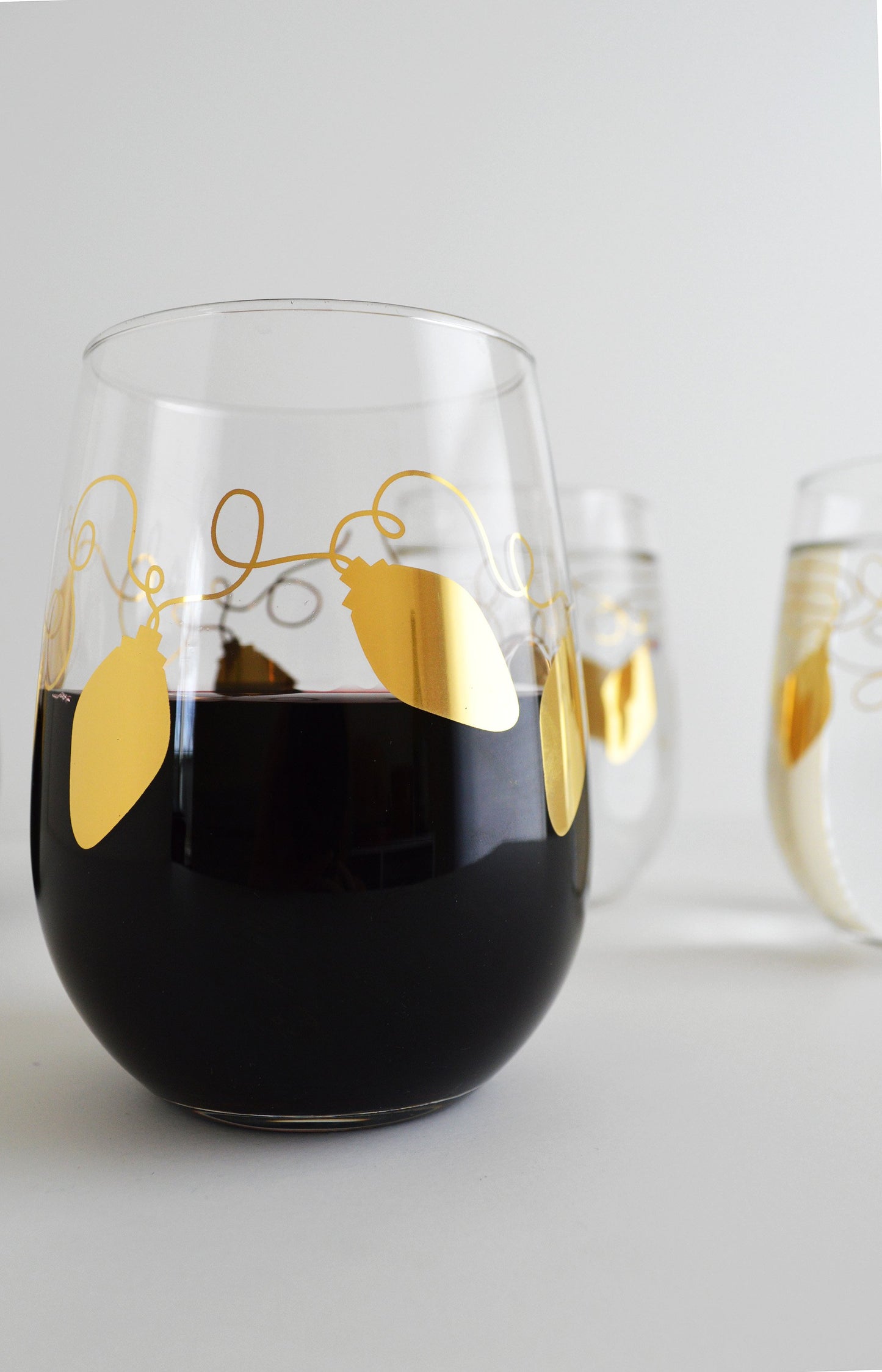 Metallic Gold Retro Christmas Lights Stemless Wine | Glassware | Kitchen + Metal