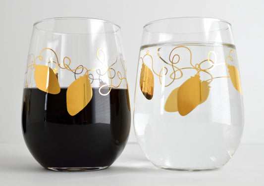 Metallic Gold Retro Christmas Lights Stemless Wine | Glassware | Kitchen + Metal