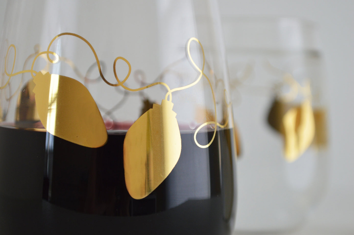 Metallic Gold Retro Christmas Lights Stemless Wine | Glassware | Kitchen + Metal