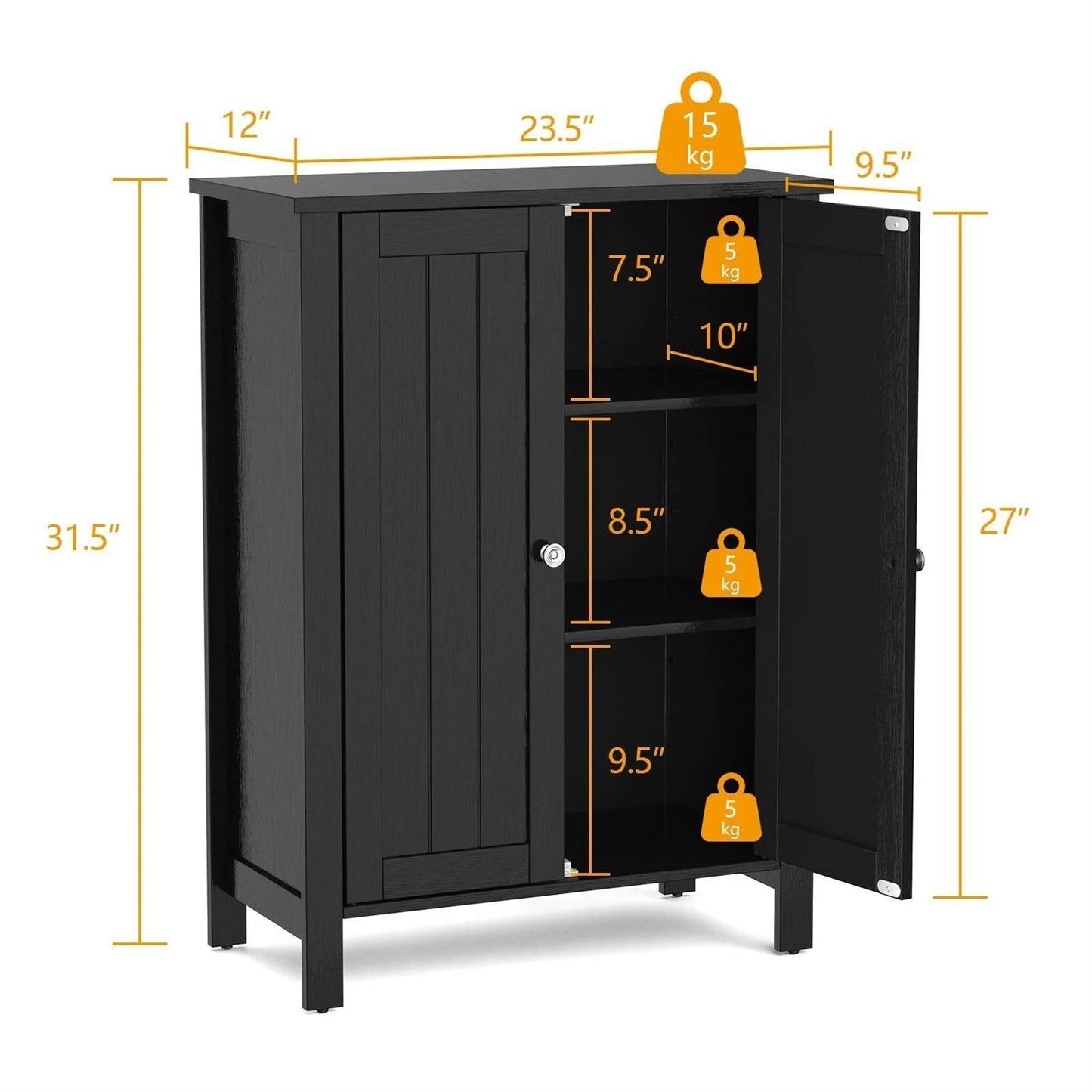 Bathroom Storage Cabinet with Adjustable Shelves in Black Wood Finish
