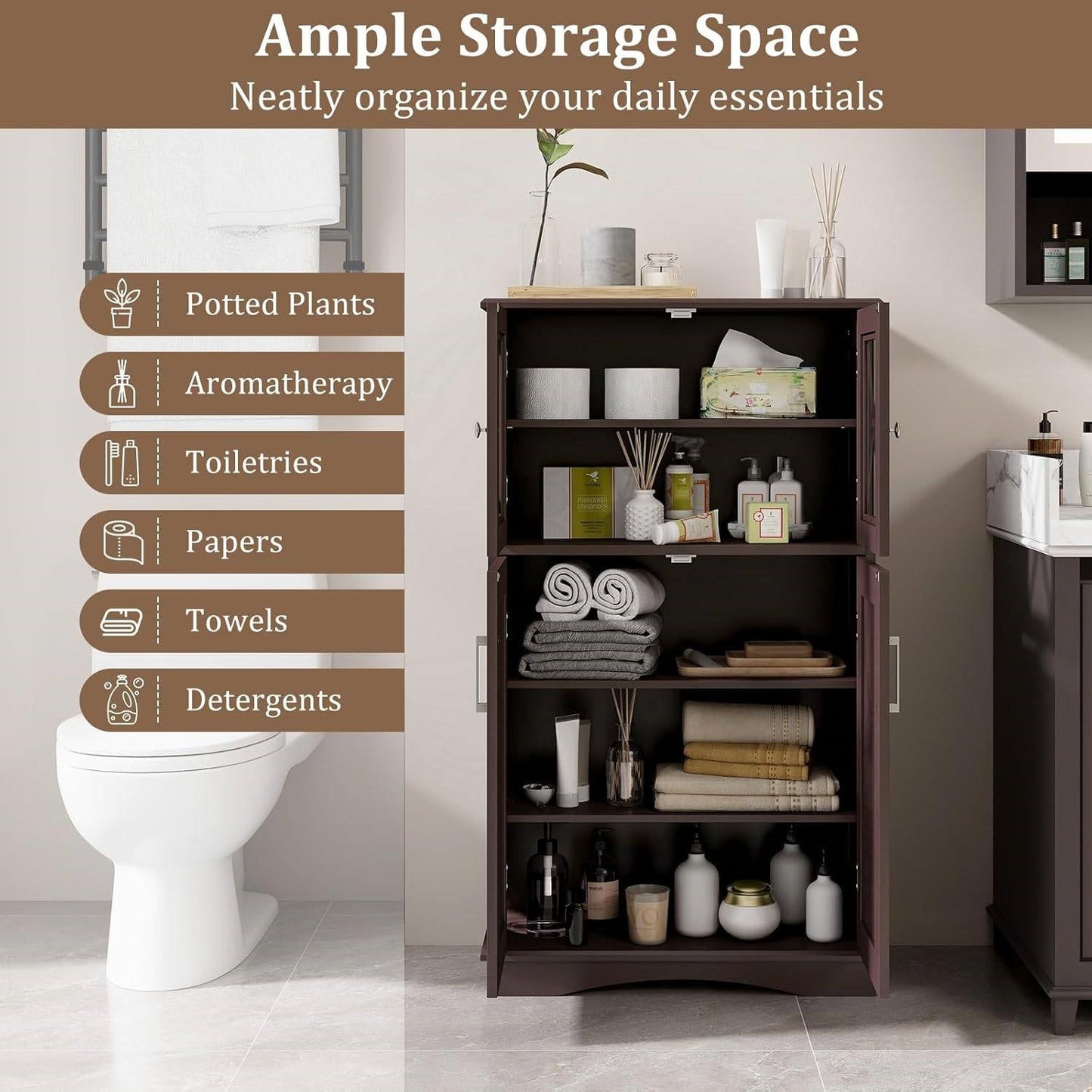 Brown Bathroom Towel Linen Cabinet with Glass Doors and Storage Shelves