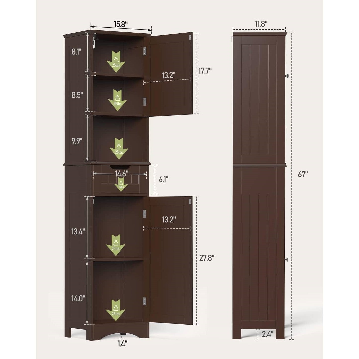 Dark Brown Bathroom Linen Cabinet Tower with 2 Doors Storage Drawer and Shelf