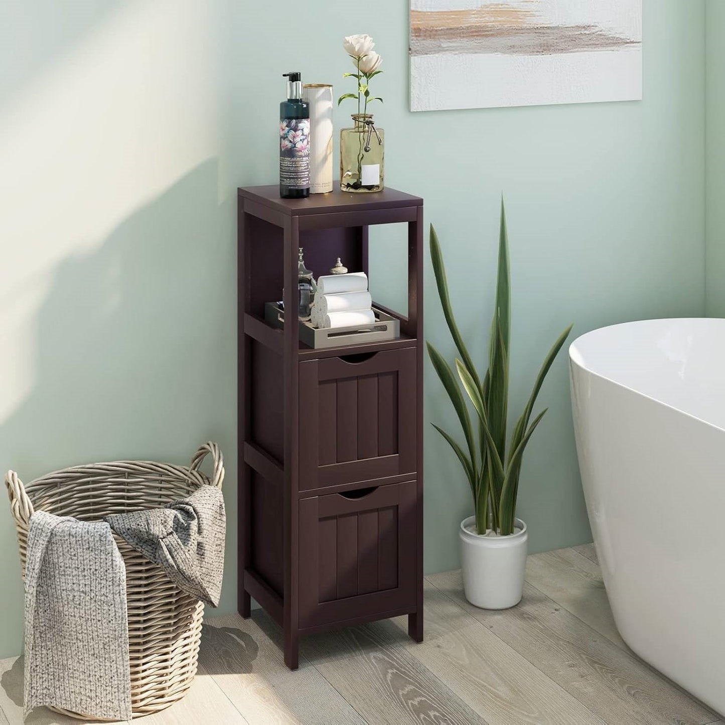 Modern Farmhouse 2-Drawer Bathroom Floor Cabinet with Shelf in Brown Wood Finish