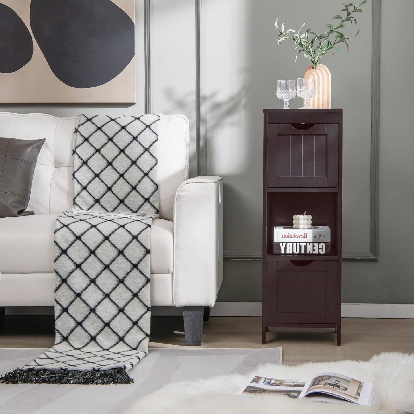 Modern Farmhouse 2-Drawer Bathroom Floor Cabinet with Shelf in Brown Wood Finish