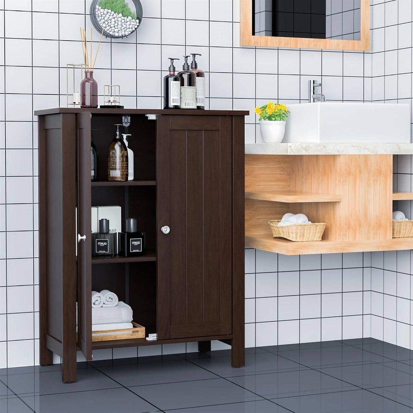 Bathroom Storage Cabinet with Adjustable Shelves in Dark Brown Wood Finish