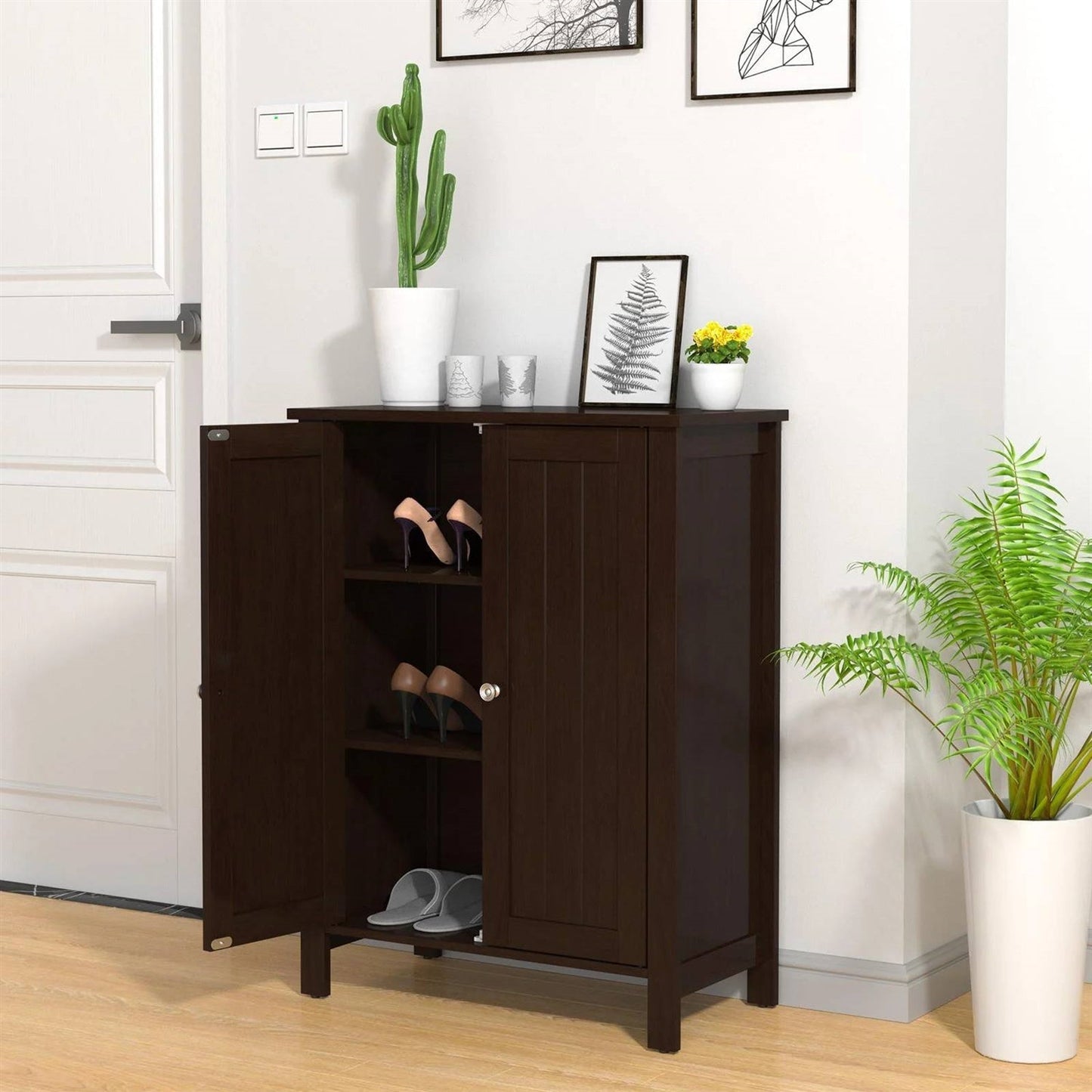 Bathroom Storage Cabinet with Adjustable Shelves in Dark Brown Wood Finish
