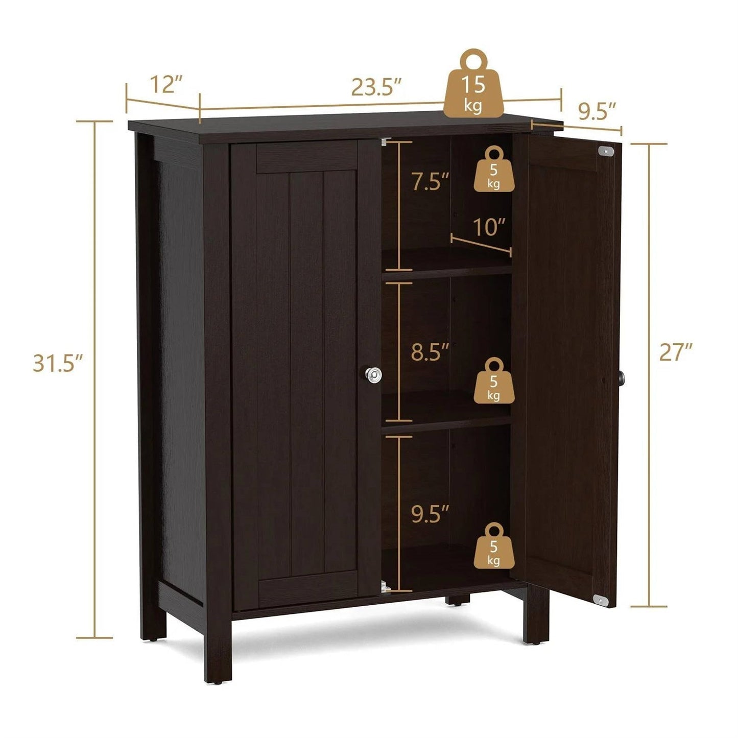 Bathroom Storage Cabinet with Adjustable Shelves in Dark Brown Wood Finish