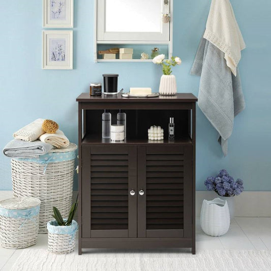 Brown Farmhouse Bathroom Linen Cabinet with Louvered Doors and Open Shelf