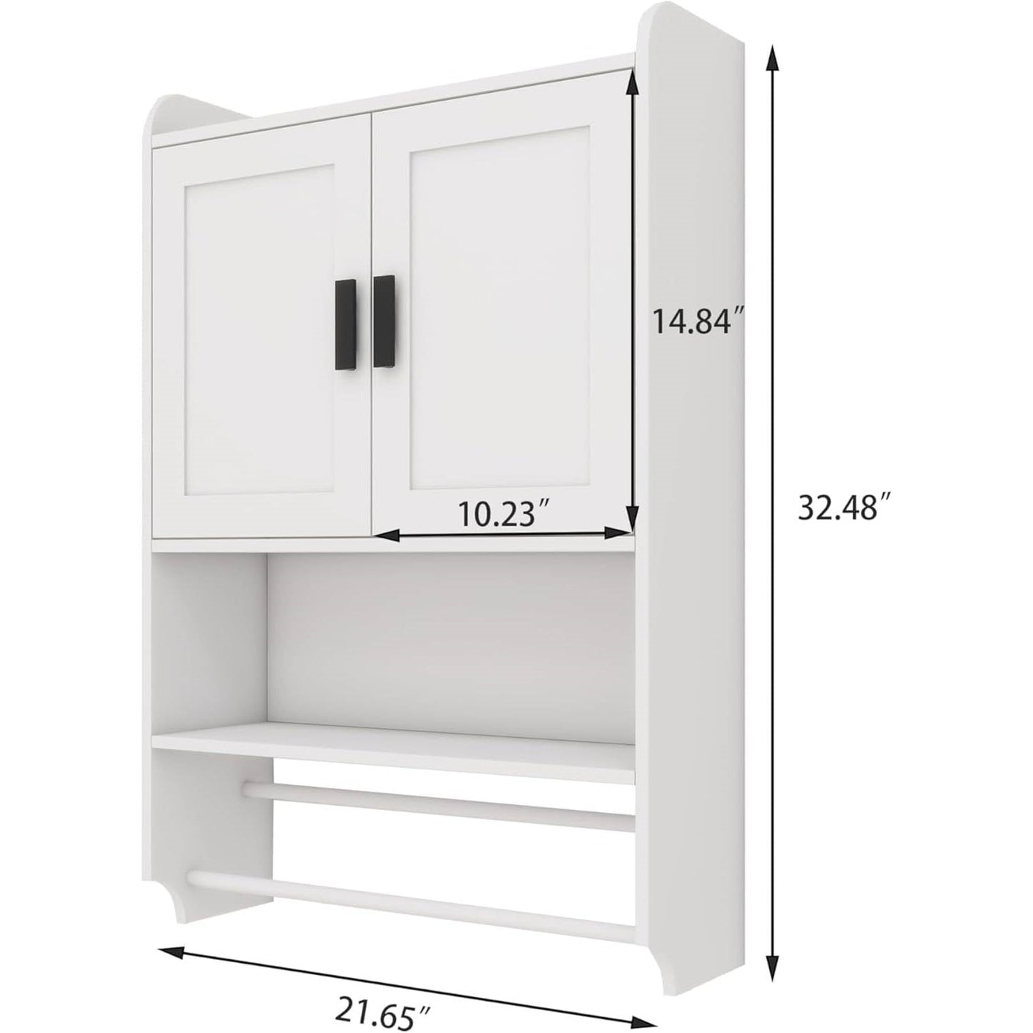 White Bathroom Wall Cabinet with Towel Bar and Storage Shelf