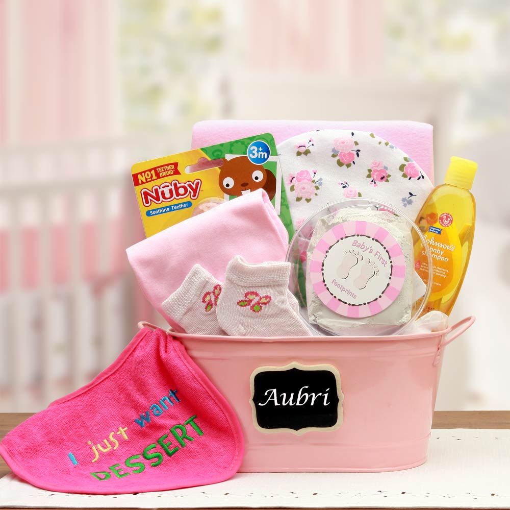 Baby Basics Gift Pail Pink- baby girl gifts - new baby gift basket -