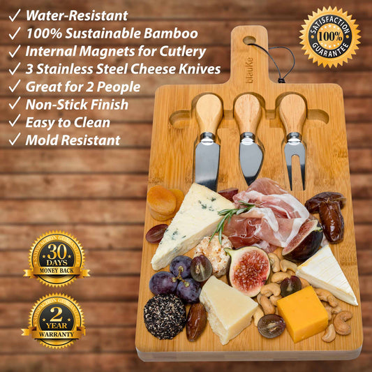 Bamboo Cheese Board and Knife Set - 12x8 inch Charcuterie Board | Kitchen + Metal