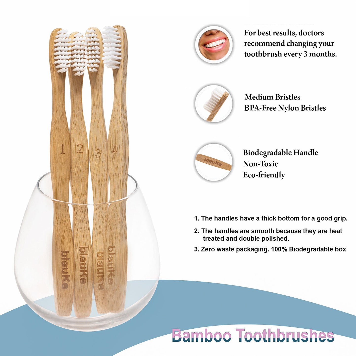 Bamboo Toothbrush Set 4-Pack - Bamboo Toothbrushes with Medium | Kitchen + Metal
