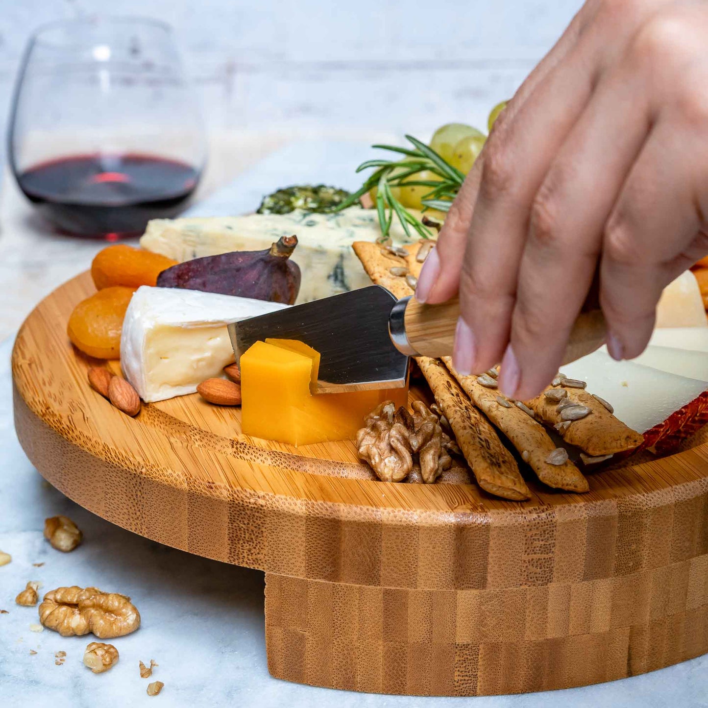Bamboo Cheese Board and Knife Set - 10 Inch Charcuterie Board | Kitchen + Metal
