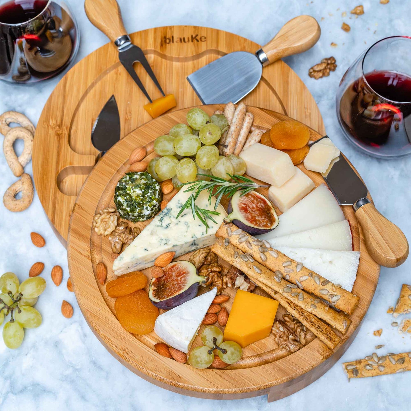 Bamboo Cheese Board and Knife Set - 10 Inch Charcuterie Board | Kitchen + Metal