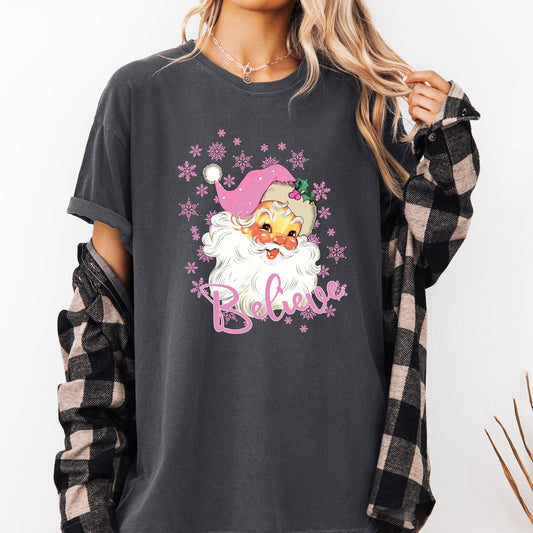 Believe, Pink Santa, Snowflakes, Christmas, Winter, Snow, Xmas Tshirt Comfort Colors T-Shirt