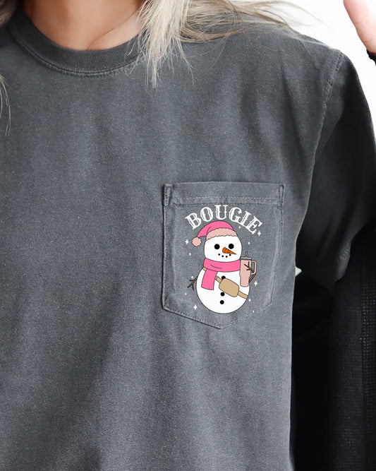 Bougie Snowman, Pocket, Bouji, Christmas, Santa, Winter, Snow, Xmas Pocket Tee Comfort Colors T-Shirt