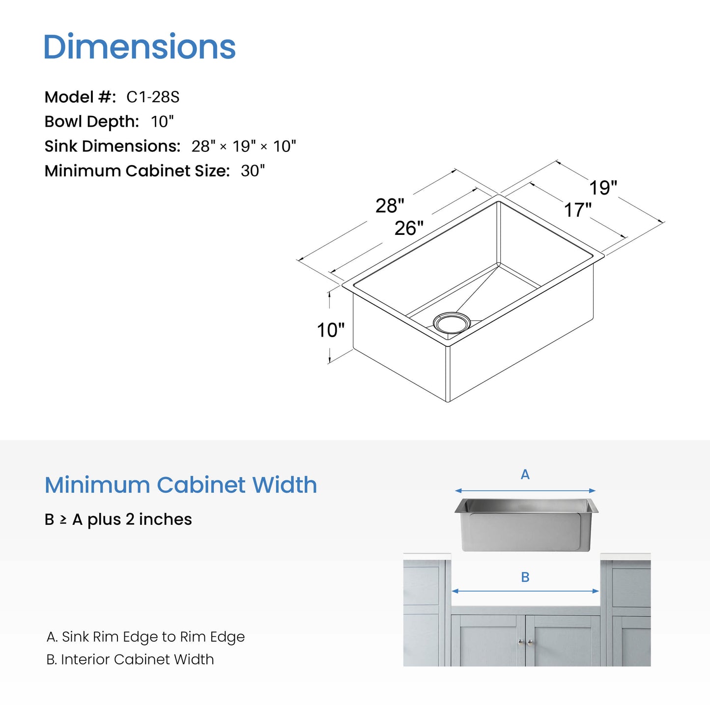 28" Handcrafted Undermount Single Bowl 16 gauge Stainless Steel Kitchen Sink