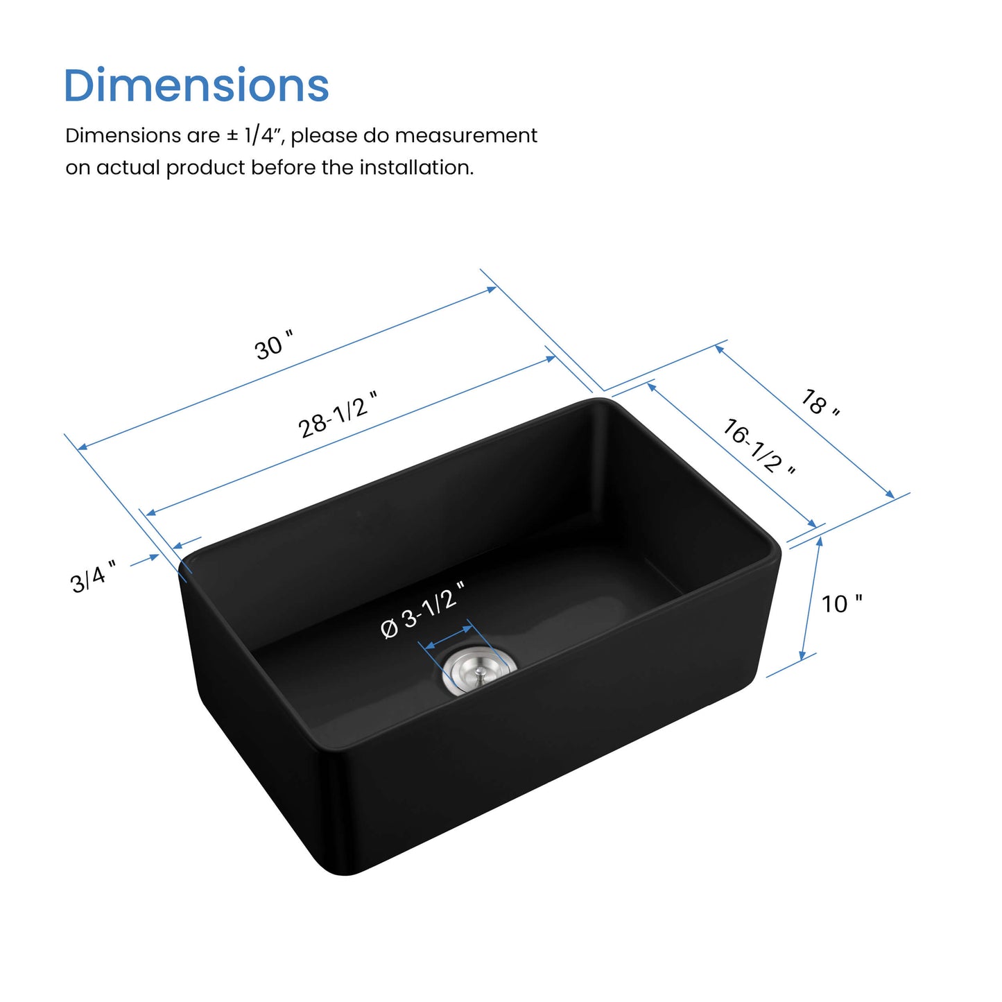 Nova 30" Matte Black Fireclay Single Bowl Kitchen Farmhouse Sink
