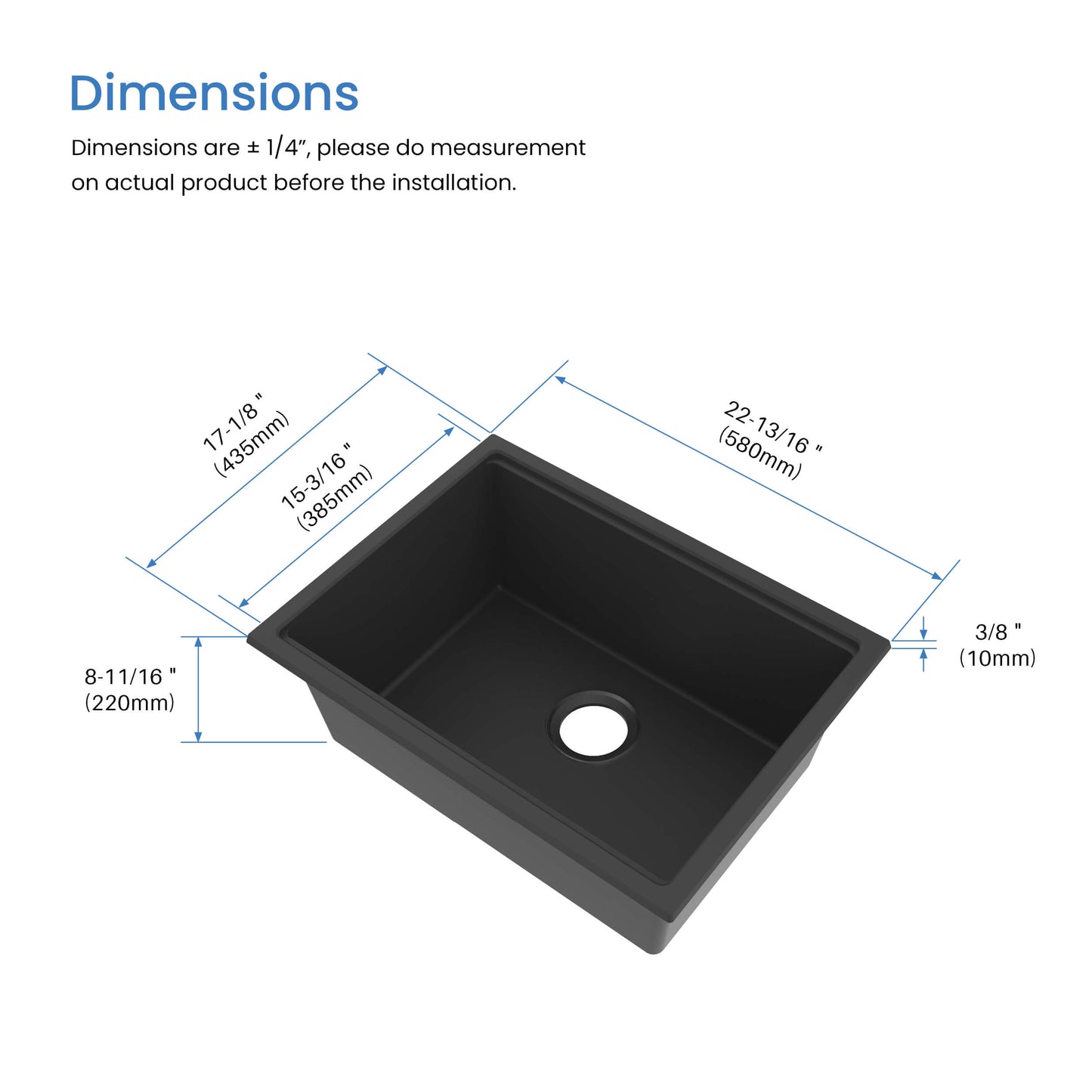 23" Undermount Workstation Single Bowl Quartz Kitchen Sink
