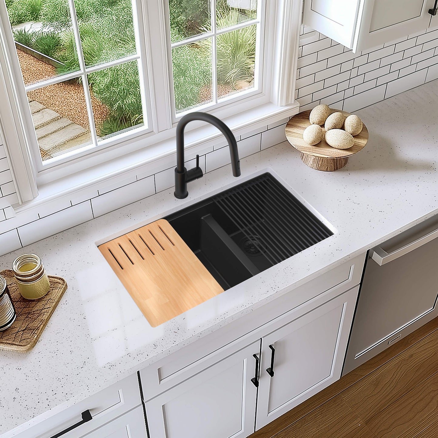 33" Undermount Workstation Double Bowl Quartz Kitchen Sink