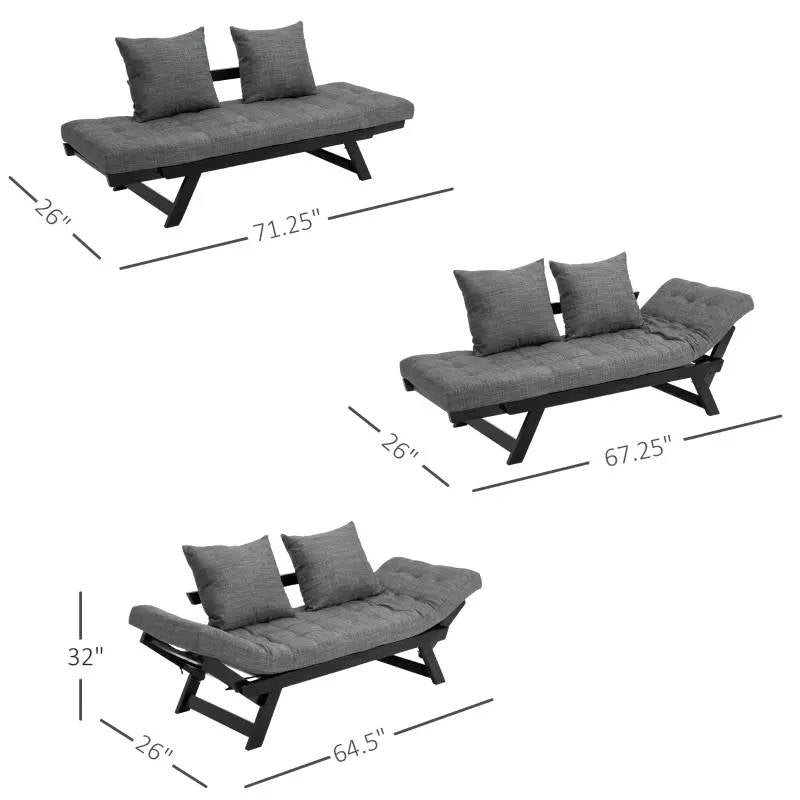 Charcoal/Black 3 In 1 Convertible Sofa Chaise Lounger Bed with 2 Large Pillows