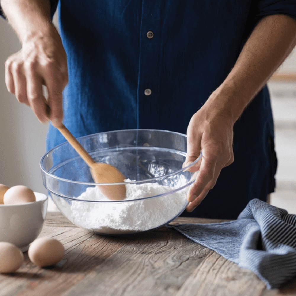 wooden spoon in a mixing bowl