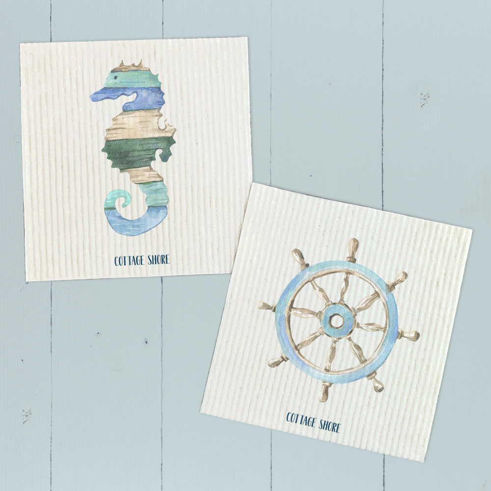 Coastal Wood Seahorse and Ship Wheel - 2pk Swedish Dish Cloth