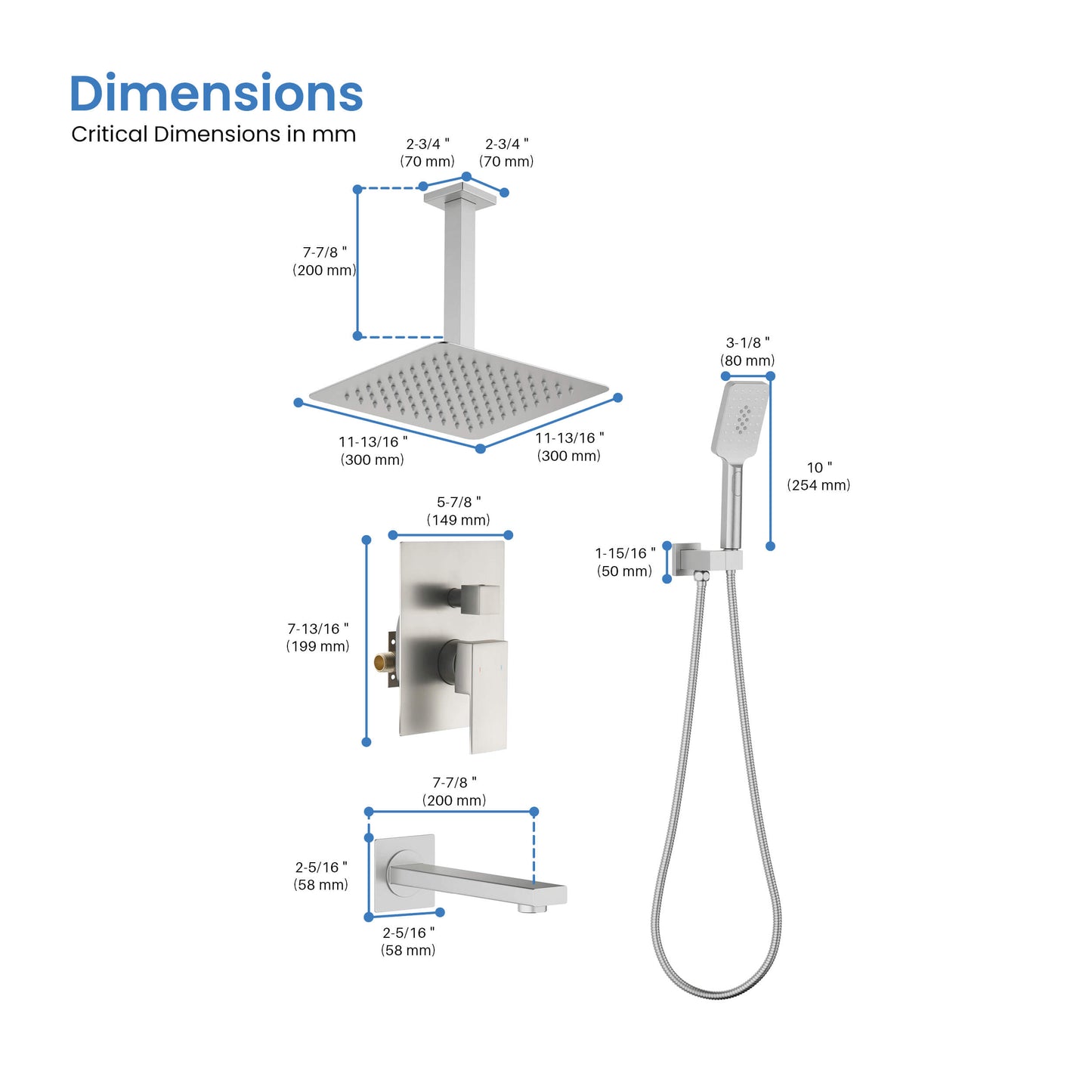 Quadra Pressure Balanced 3-Function Ceiling Mount Shower System with Rough-In Valve