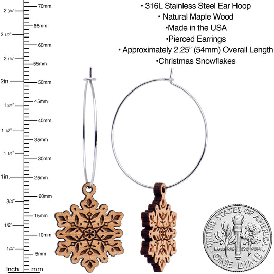 Natural Wood Snowflake Hoop Earrings