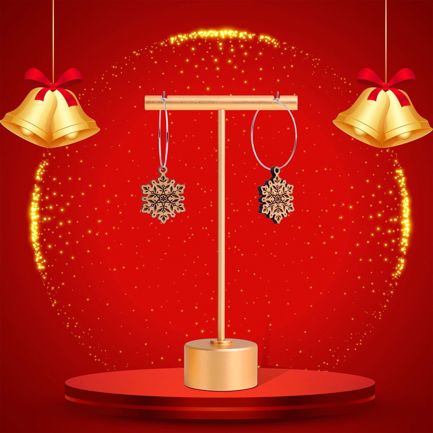 Natural Wood Snowflake Hoop Earrings